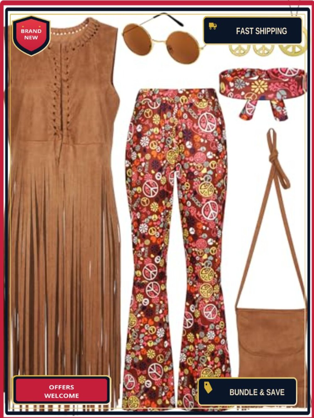 7 Piece 70s Hippie Costume Set Fringe Vest Pants Bag Headband Disco